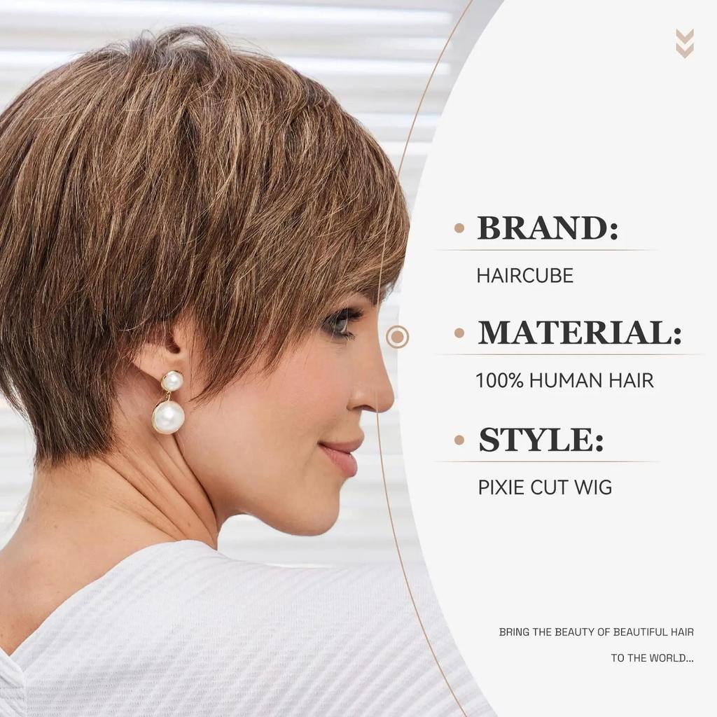 HAIRCUBE Bob Pixie Cut Шоколадно-коричневые прямые многослойные парики из человеческих волос Remy с челкой Короткие натуральные бесклеевые парики из человеческих волос для женщин
