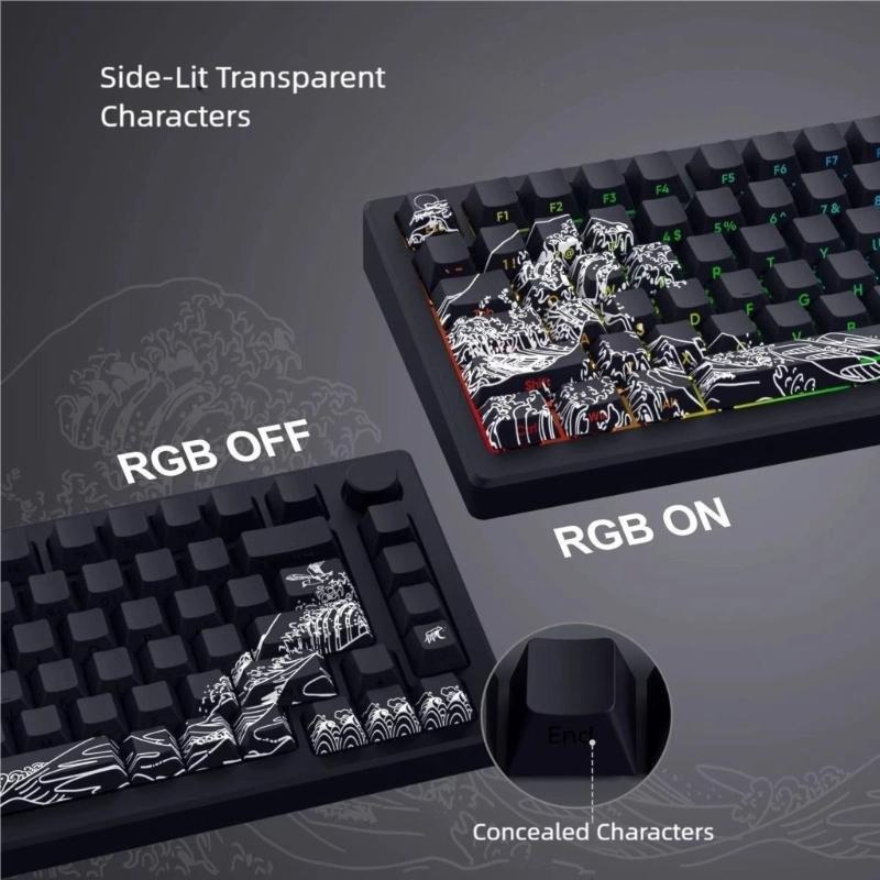 127 клавиш PBT Сублимационная гравировка Keycaps Fynmi Дизайн Ukiyo e Вишни Профиль Боковая гравировка Для ANSI ISO Механических клавиатур