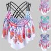 Women Overlay Flounce Crisscross Feather Print Strappy Padded Swim Top