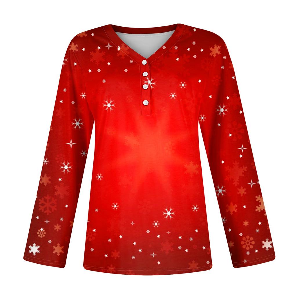 Женская повседневная мода сексуальный комфорт рождественский принт V-образный вырез пуговицы длинный рукав
