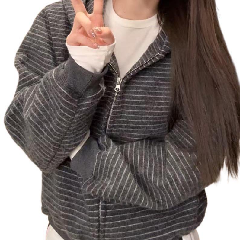 Женская куртка-кардиган на молнии с капюшоном в полоску, ранний осенний стиль - Нишевый ленивый стиль, Повседневная свободная кофта