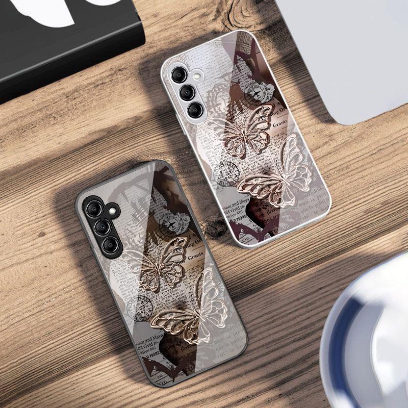 Винтажная Бабочка Для Samsung Galaxy A14 4G 20 30 52 20S 21S 22 A32 33 34 42 50 51 53 54 70 71 72 73 5G Стеклянный Чехол Для Телефона