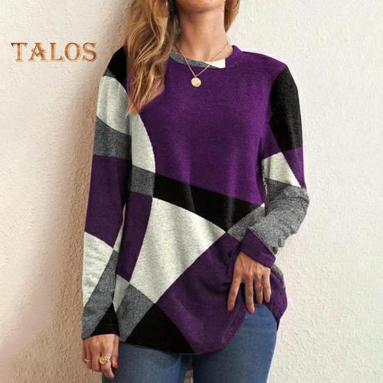 Женские топы с круглым вырезом и длинным рукавом, контрастный цвет, геометрический принт, свободная футболка, повседневные пуловеры, топы