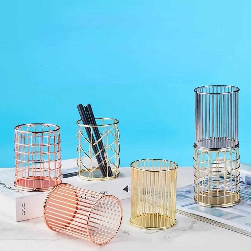 Настольный держатель для ручек, офисный школьный футляр для хранения, металлический, золотой, розовый, золотой ящик, настольная ручка, органайзер для карандашей, домашний декор, для хранения макияжа