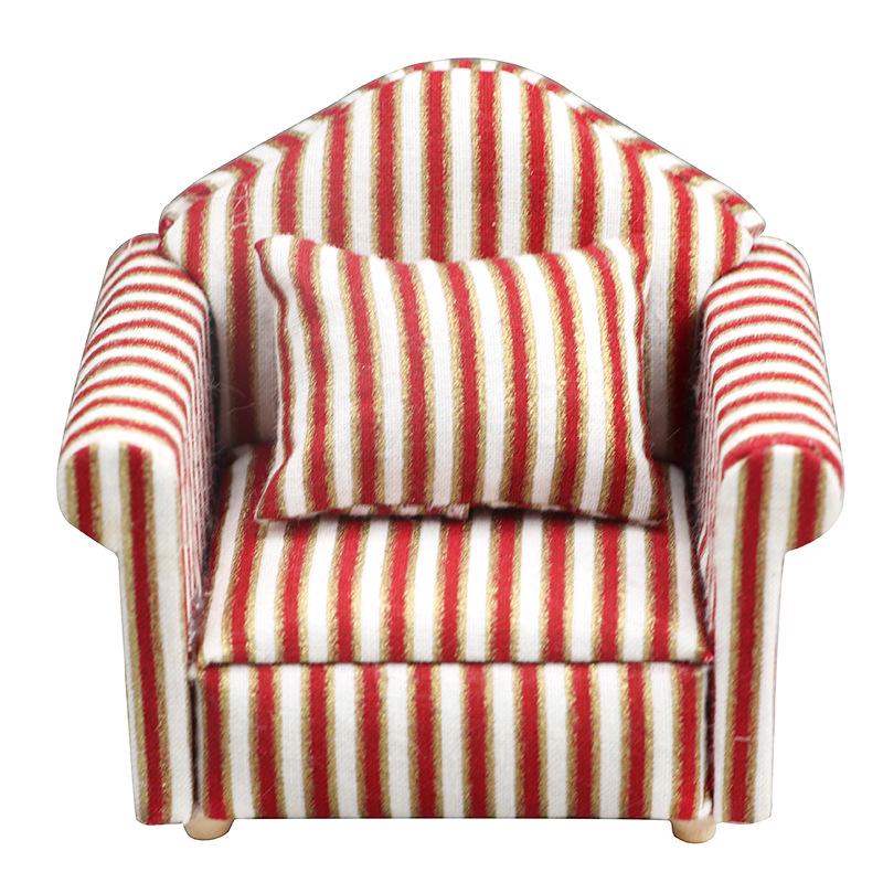 1:12 Dollhouse Miniature Living Room Sofa Set: Gold Trim & Red Stripe Sofa with Throw Pillows