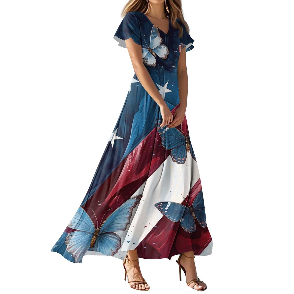 Женское повседневное платье с принтом флага Дня независимости, V-образным вырезом, короткими рукавами и высокой талией