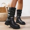 Fashion Pleated Pu Leather Mid-Calf Boots Woman Autumn Winter Buckle Punk Motorcycle Boots Woman Non-Slip Flat Heel Botas Mujer