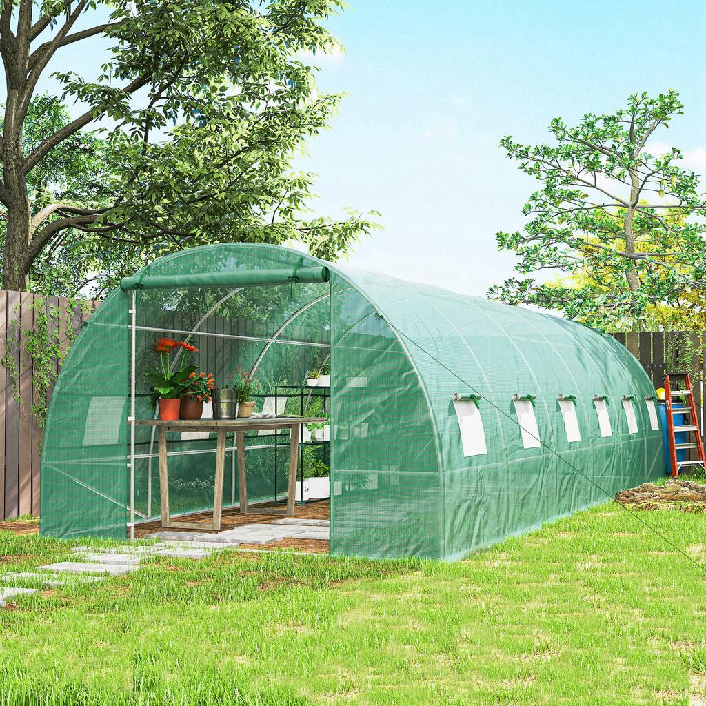 Tunnel Greenhouse 8x3x2 M Garden Greenhouse With 12 Windows And Roll Up Door Steel And PE 140 G M² Green