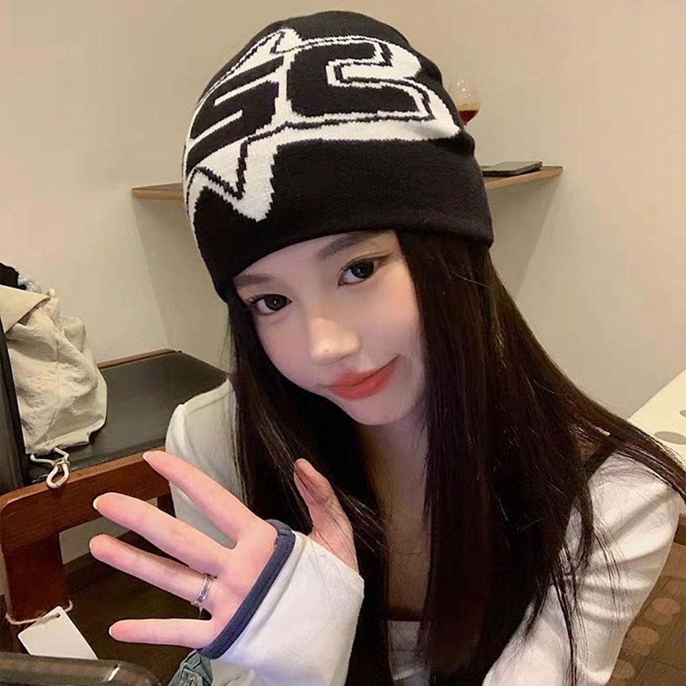 Y2K Knitted Letter Beanies Star Ins Skullies Cool Pullover Hats  Outdoor