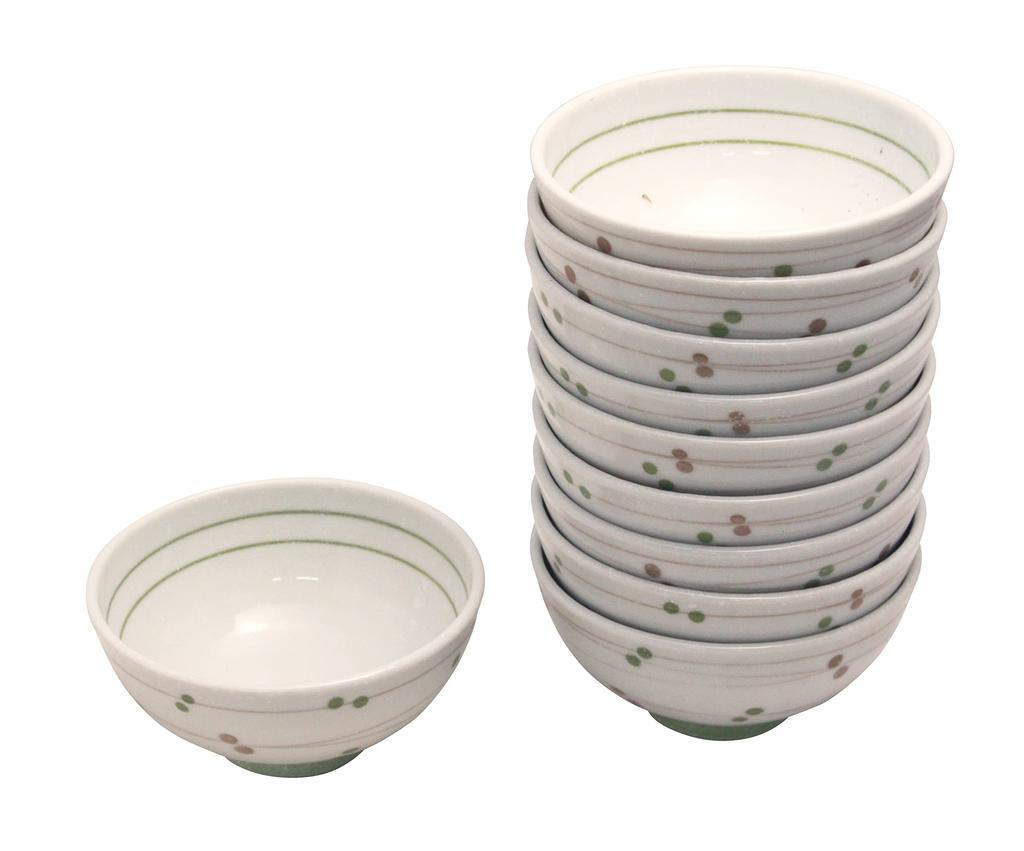 Castle Enterprises Diet Lightweight Bowls, Nakahira Series, Clear Stream Polka Dots, Green, Set of 10, 12cm Diameter X 6cm Height
