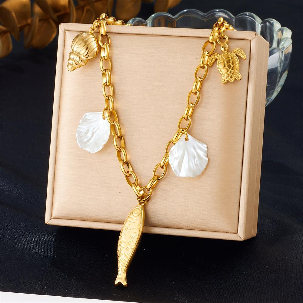 DIEYURO 316L Stainless Colored Sea Shell Conch Sea Stars Pearl Pendant Necklace Lady New Fashion Neck Chain Jewelry Party Gift