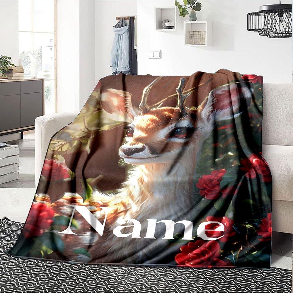 Deer With Flowers Home Customize Your Name Blankets Soft And Cozy For All Seasons Perfect For Picnics Sofa Office Bed Living Room Ideal Gift For