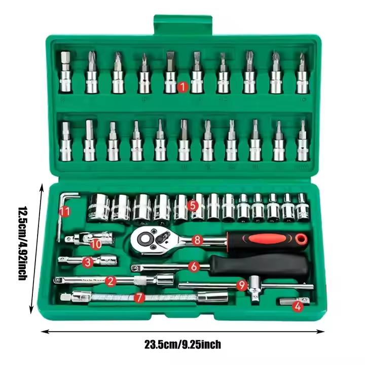 46PCS Master Mechanic Tool Kit with 3/8" Ratchet, SAE/Metric Sockets, Torx/Hex Bits, Extension Bars - Professional Grade