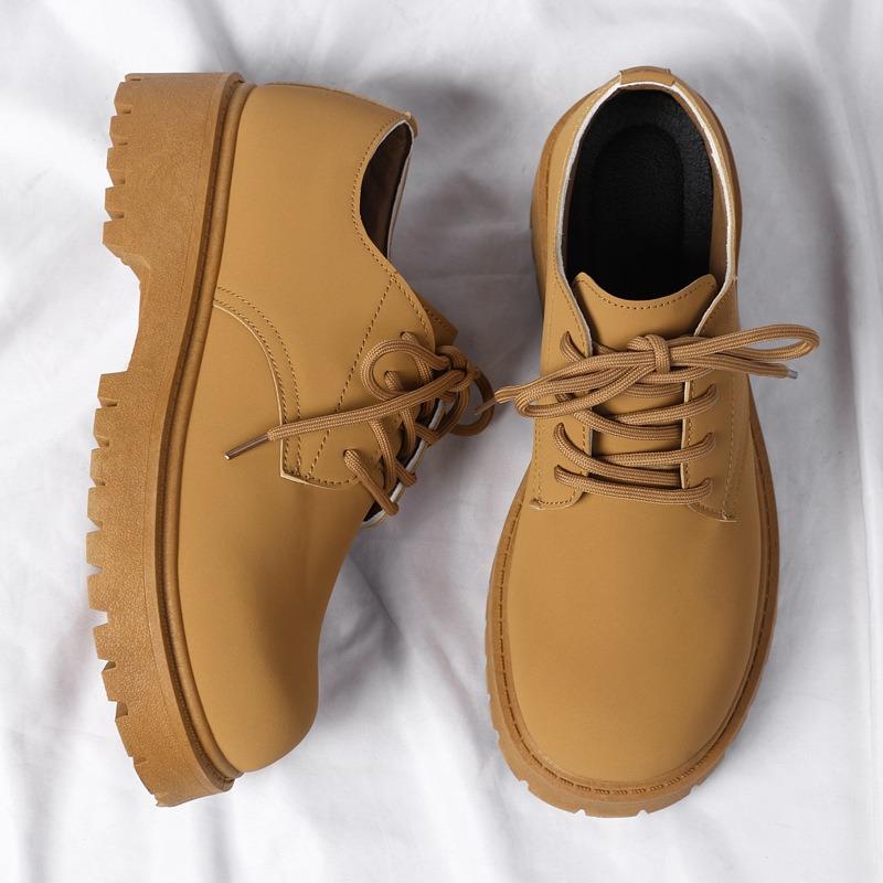 Туфли дерби мужские весенние низкие ботинки большого желтого цвета с круглым носком, обувь с большой головой, черные рабочие ботинки на платформе, повседневная кожаная обувь