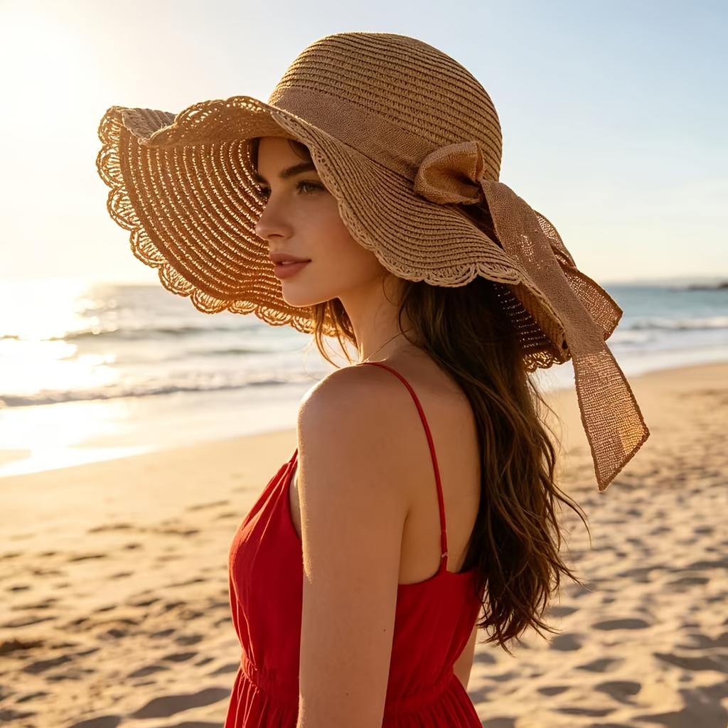Women's elegant woven straw sun hat is suitable for spring, summer, and autumn, offering sun protection, is foldable, breathable, lightweight, and
