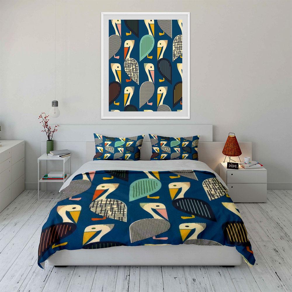 Geometric Pelican Pattern Decor Set Bedding Set with 1 Duvet Cover 2 Pillowcases Single Double King Queen, Gift