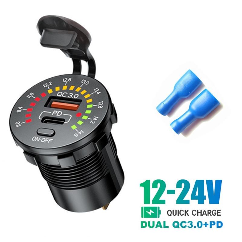 QC3.0 PD USB Автомобильная розетка для быстрой зарядки Цветной экран Двойной USB 4.8A Модифицированное автомобильное зарядное устройство с дисплеем напряжения и переключателем для автомобиля 12 В Лодка Мотоцикл Грузовик
