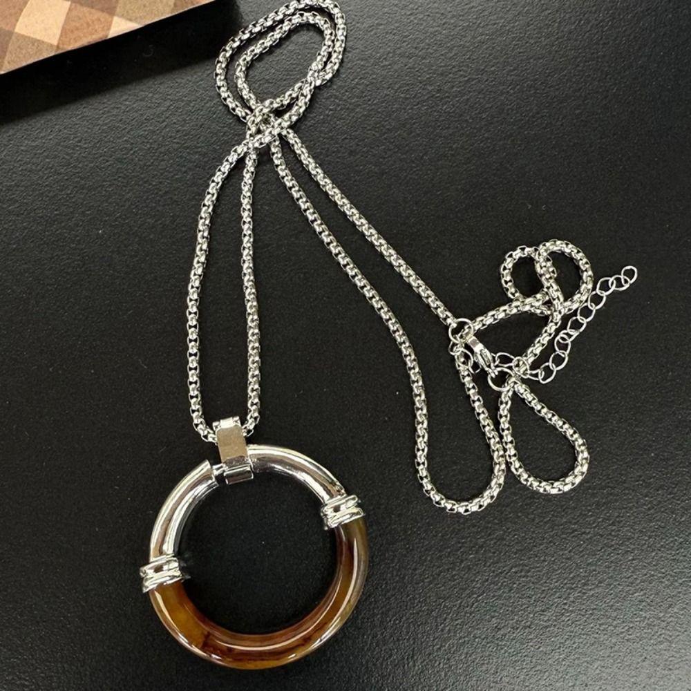Circle Pendant Long Chain Necklace Y2K Sweater Chain Retro Amber Splicing Necklace Party