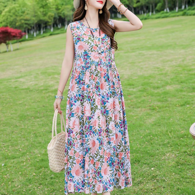 Элегантное женское платье без рукавов больших размеров с коротким рукавом и винтажным принтом, длинное платье, летняя повседневная женская одежда среднего возраста