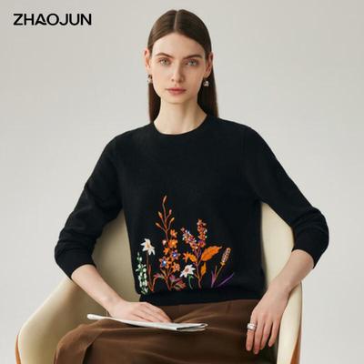 Zhaojun Женский вязаный свитер с круглым вырезом из 100% кашемира с вышивкой
