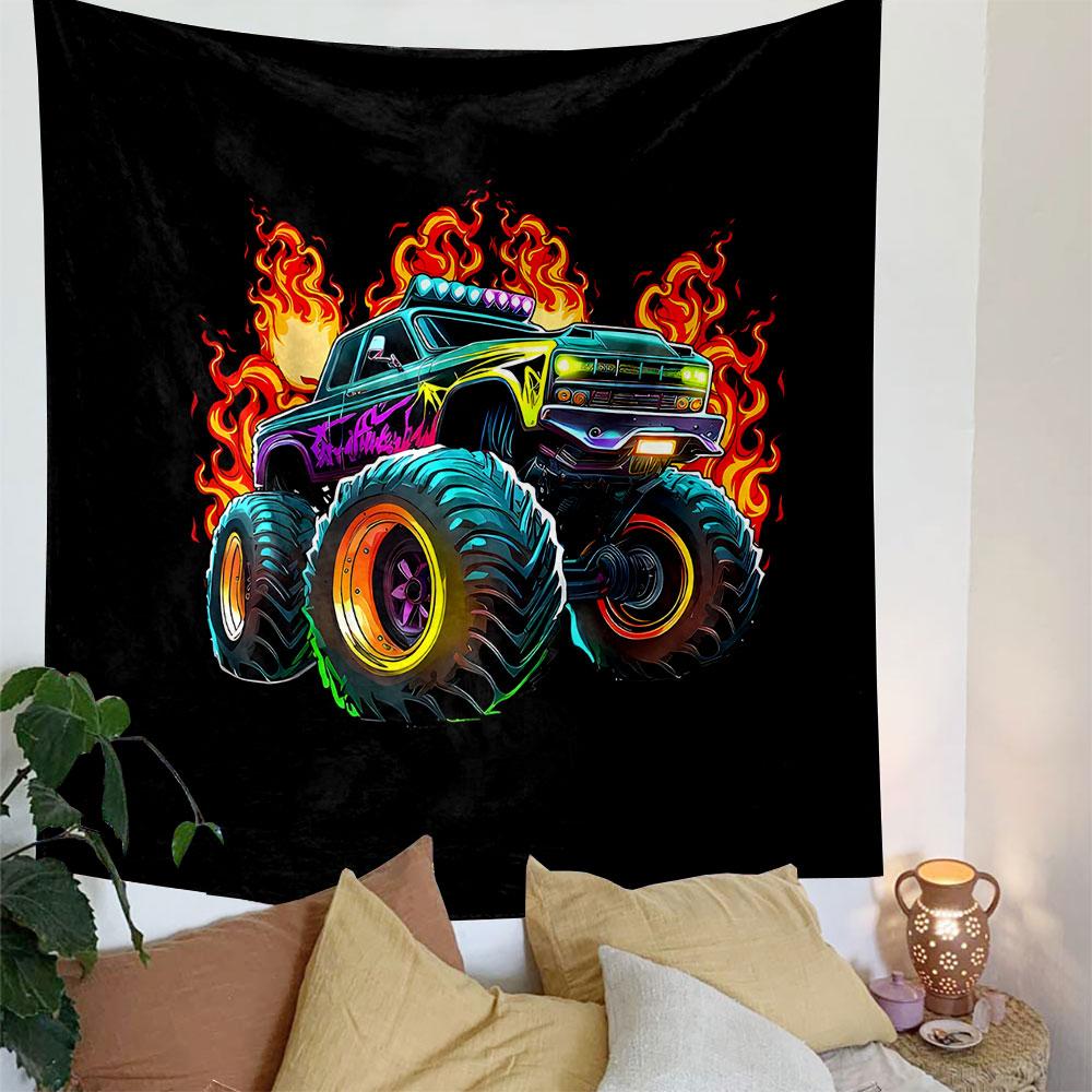 Flaming Monster Truck Graphic Design Patterned Tapestry Decorative Wall Hanging, Home Bedroom Living Room Decor