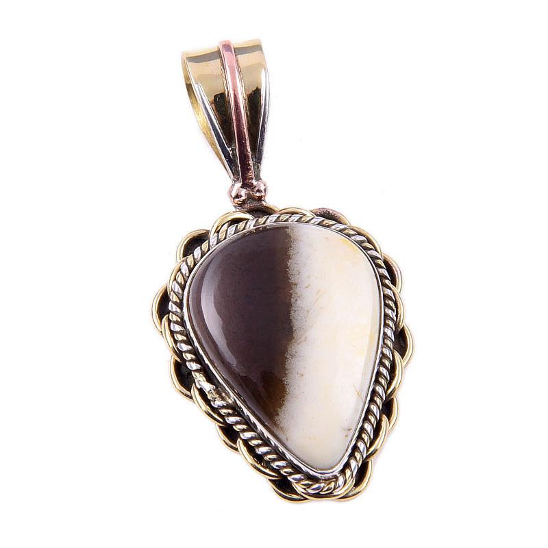 Natural Coffee Jasper 925 Solid Sterling Silver Gift TwoTone Pendant 1.50" t7D59