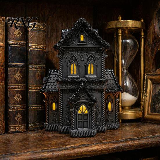 Gothic Cabinet Ornament Lighted Halloween Village House Statue with LED Light, Spooky Bookshelf Display Piece Black Figurine for Tabletop Holiday Home