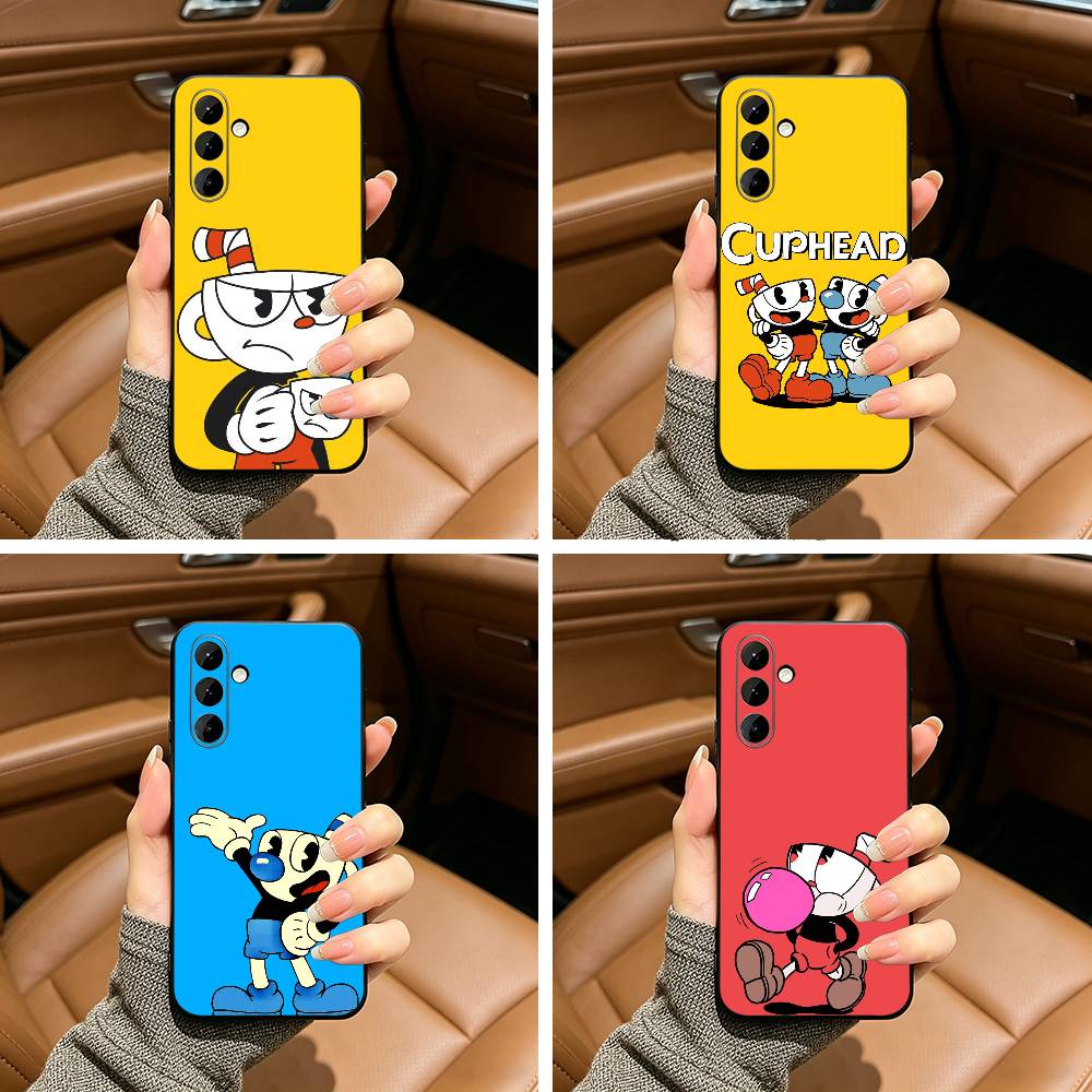 Cute CupHead And MugMan Phone Case For Samsung Galaxy A73,A71 A72,A70,A53,A52,A51,Soft Silicone Black Cover