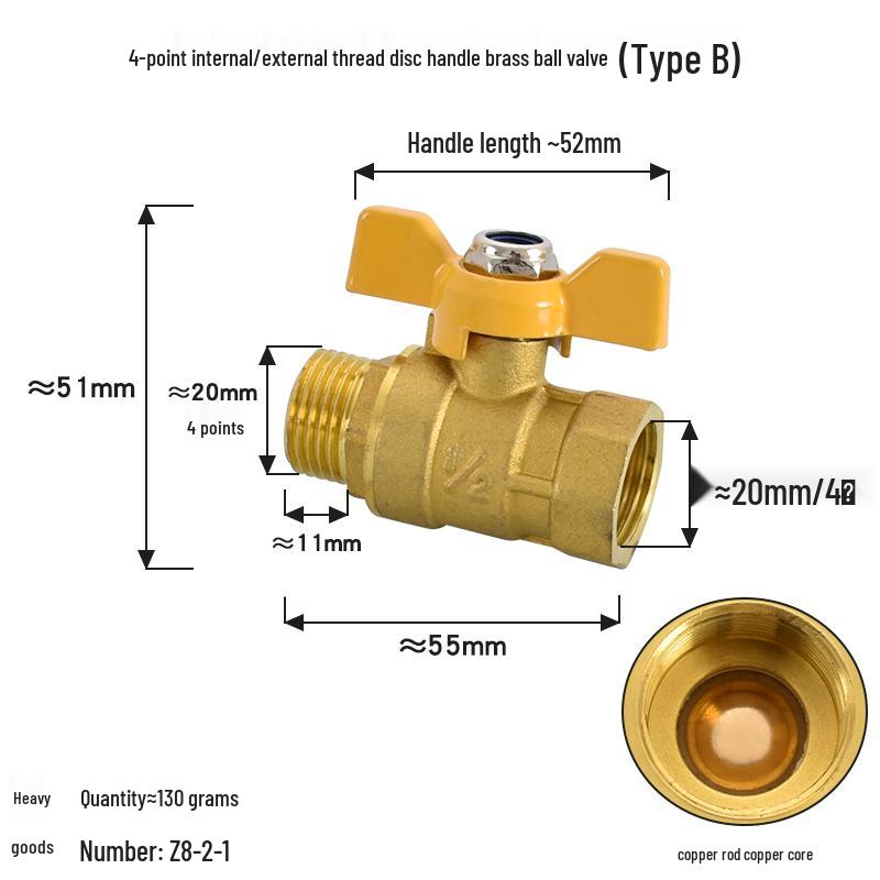 Brass Ball Valve with Copper Core: Male/Female, Double Female, 1/2", 3/4", 1" Sizes, for Water and Gas Pipes.