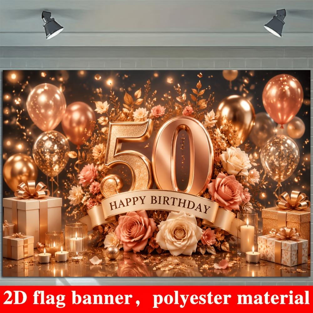 2D Flat Banner, 50th Birthday Backdrop, Rose Golden Balloons, Candles, Gift Box, Wall Hanging, 50 Years Party Photo Background