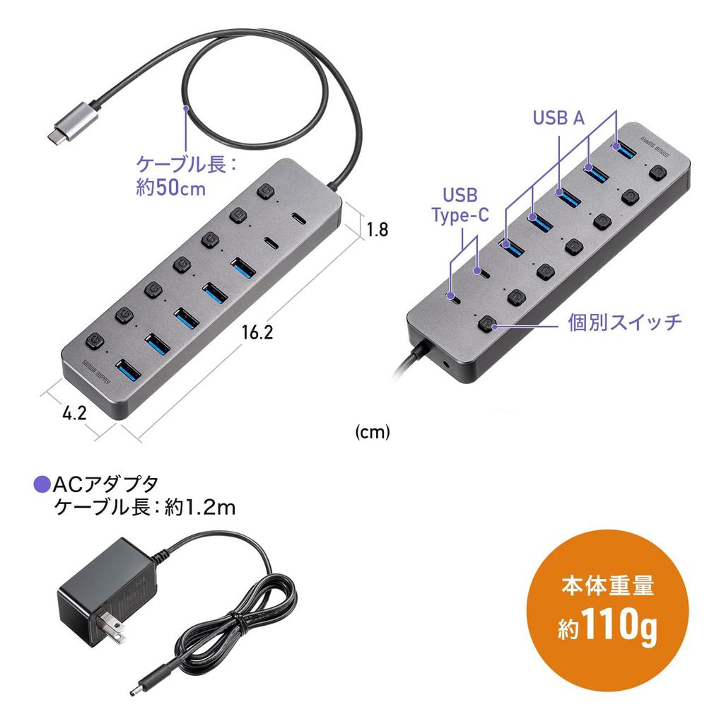 Sanwa Direct USB-хаб на 7 портов x 5 x USB с индивидуальными USB-адаптерами переменного тока, подключение Type-C, (2 USB-C / USB-A), Самозаряжающееся устройство, Переключатели, 3,2/5 Гбит/с,
