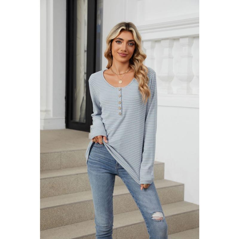Spring and Autumn Women's Blouse Round Neck Button Loose Long Sleeve Striped Top