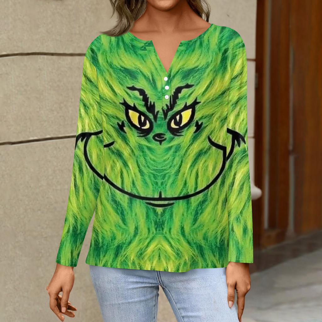 Women's Fashion Casual V-Neck Long Sleeve Decorative Button Christmas Print Top