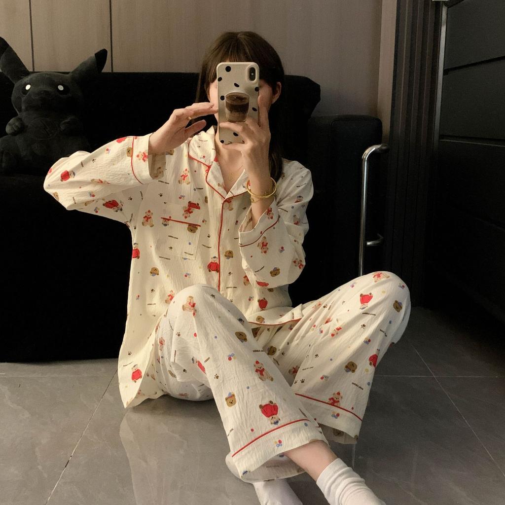 Весенне-осенний женский пижамный комплект домашней одежды с длинными рукавами для девочек-студенток, милый принтованный милый комплект домашней одежды