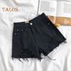 Summer Women Denim Shorts High Waist A-line Solid Color Ripped Button Zipper Closure Retro Pockets Slim Fit Above Knee Length Short Pants