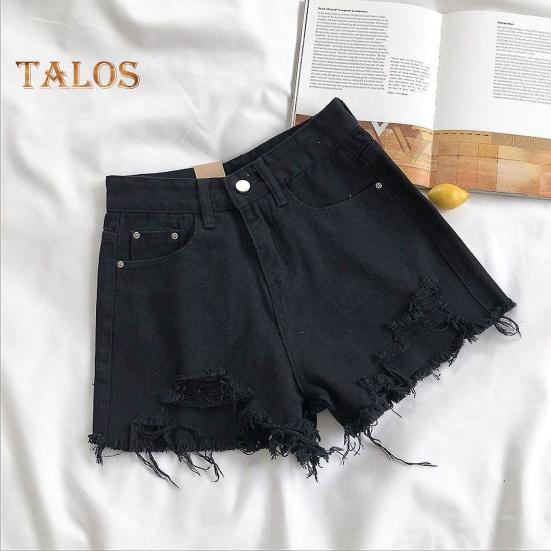 Summer Women Denim Shorts High Waist A-line Solid Color Ripped Button Zipper Closure Retro Pockets Slim Fit Above Knee Length Short Pants