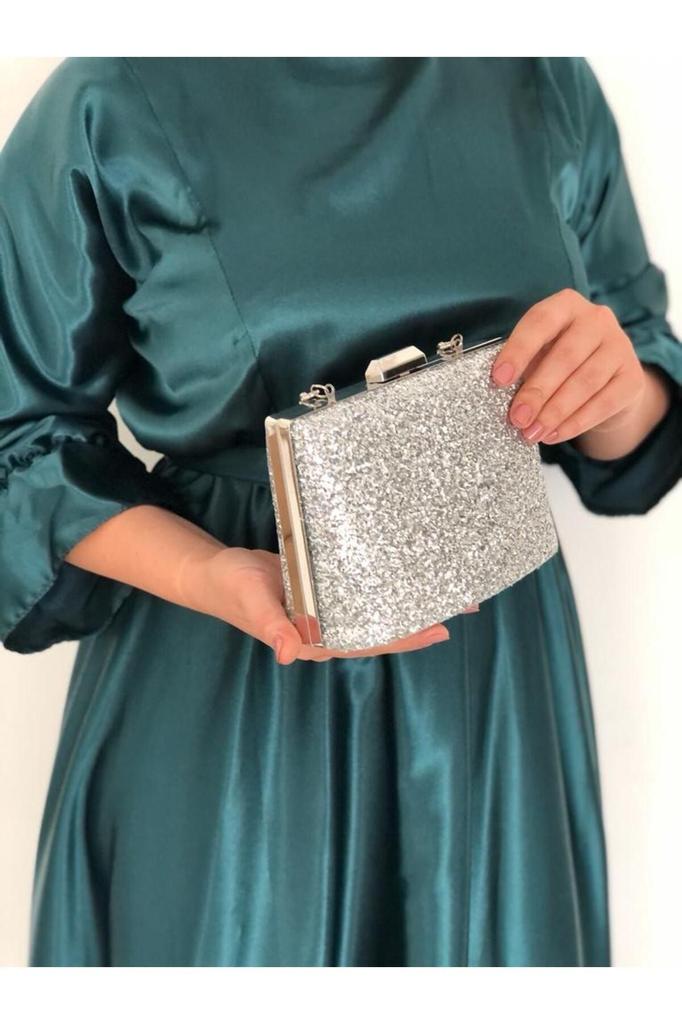 Women's Stylish and Useful Evening Dress Bag Çupra Silver Handled Evening Dress Bag