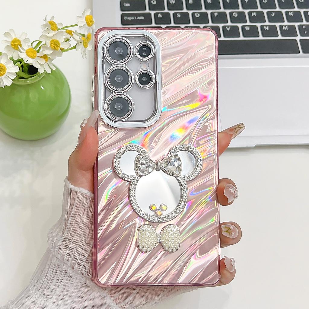 Advanced Wrinkles Suitable for Samsung S25ultra Bracelet Mobile Phone Case S24 Cartoon Mirror A56 Flash Powder Lens Film