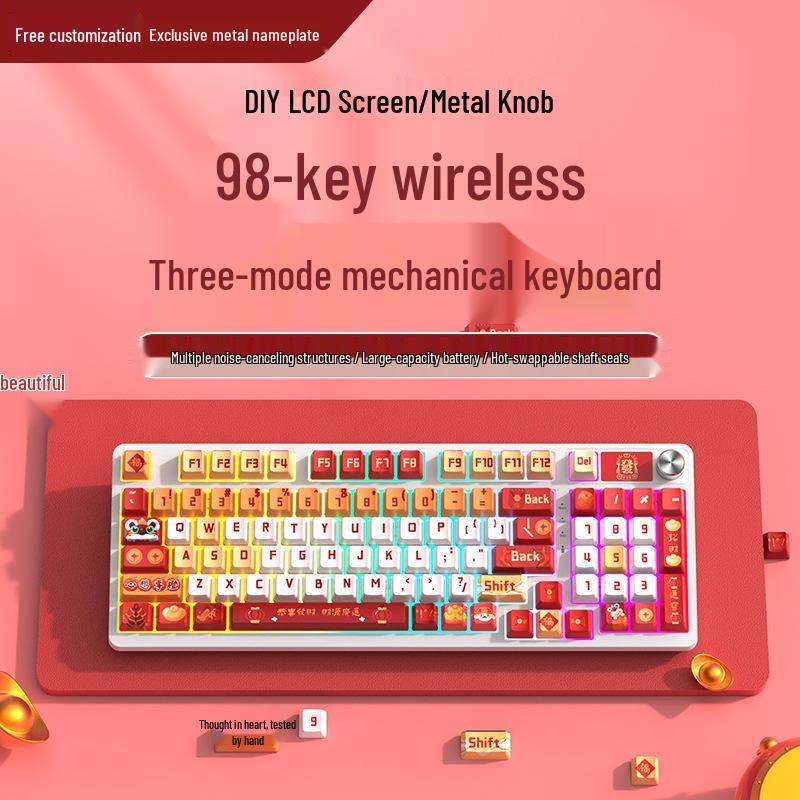 Беспроводная Bluetooth-клавиатура с тремя режимами, 98 клавиш, механическая, с переключателями Blue, Black, Brown, Red - RGB для игр, офиса, киберспорта, девушек.