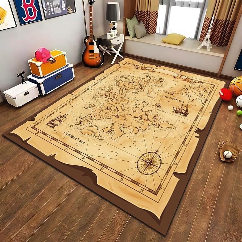 Vintage World Map Print Carpet for Living Room, Antique Style Décor Rug Suitable for use as an anti-slip for living room bedroom sofas