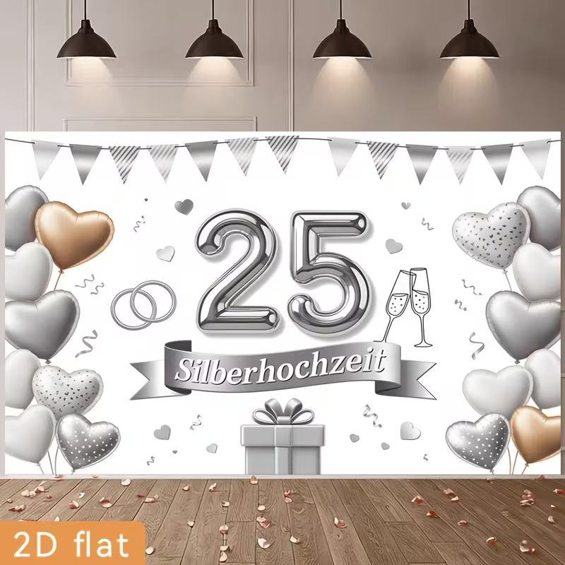 2D 25th Silver Wedding Backdrop, Silberhochzeit Themed Party Photography Background Banner