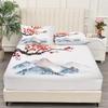 Комплект простыней на резинке в китайском стиле, принт тушью, сливы и горы, чехлы для матраса, мягкий дышащий комплект постельного белья с глубоким карманом