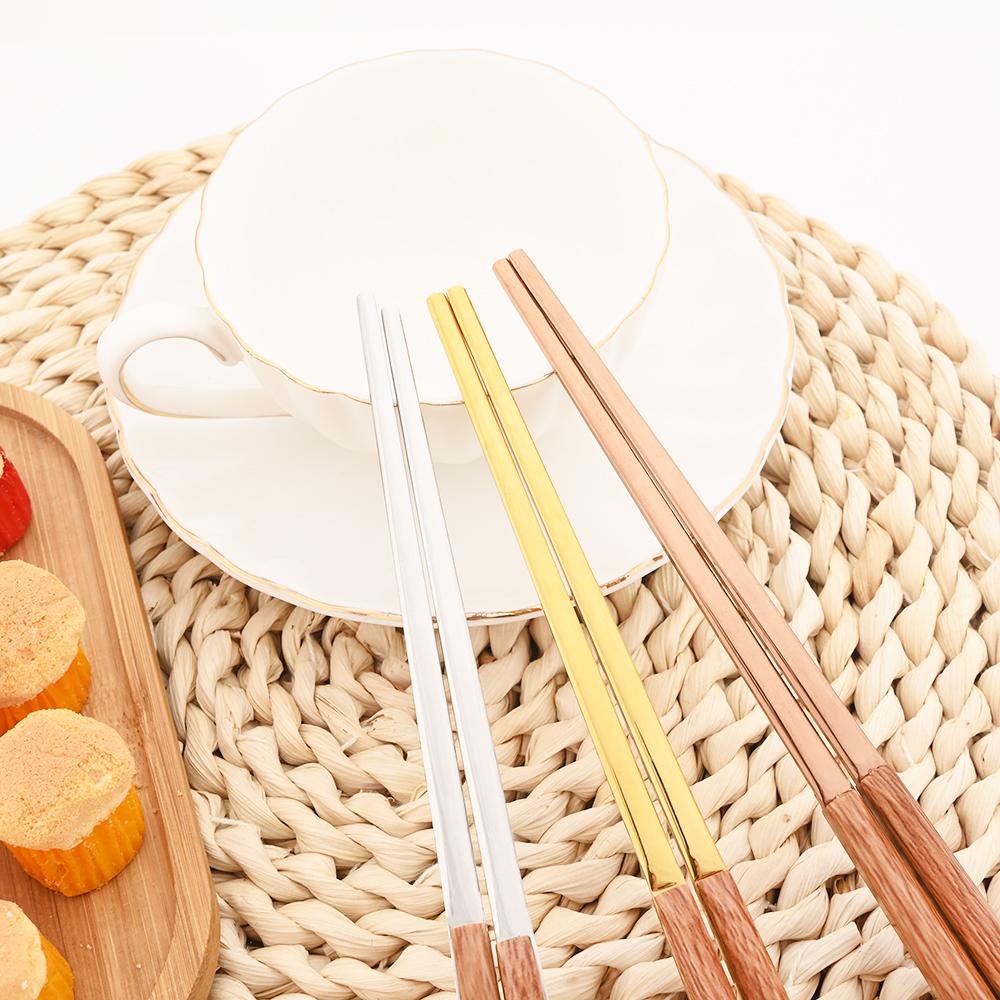 16Pcs Brown Gold Dinnerware Set Imitation Wooden Handle Cutlery Set Chopsticks Knife Fork Spoon Tableware Set Korean Flatware