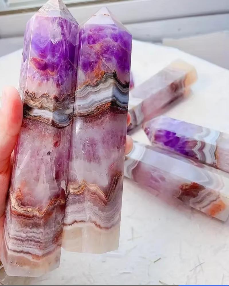 Polished Amethyst Lace Agate Crystal Tower Obelisk Point Healing Wand for Home Reiki Meditation Decor