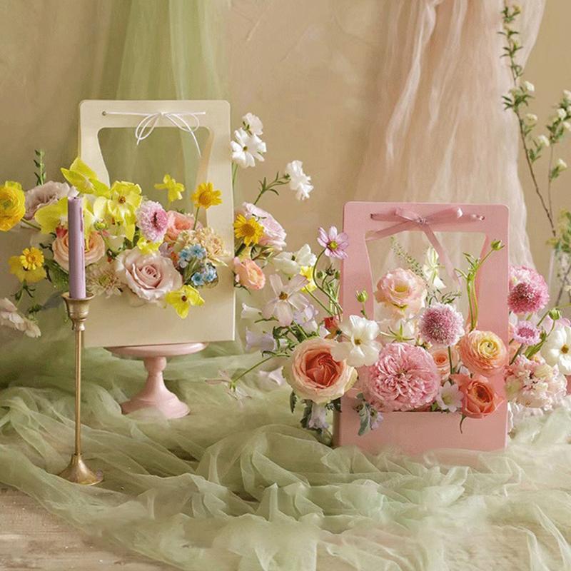 Двусторонняя водонепроницаемая крафт-бумага Портативная цветочная корзина с ручкой для букета в подарок