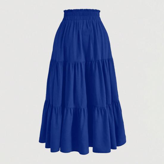 Bohemian Style Women Skirt Elastic High Waist Adjustable Drawstring Cake Skirt Solid Color A-Line Summer Skirt