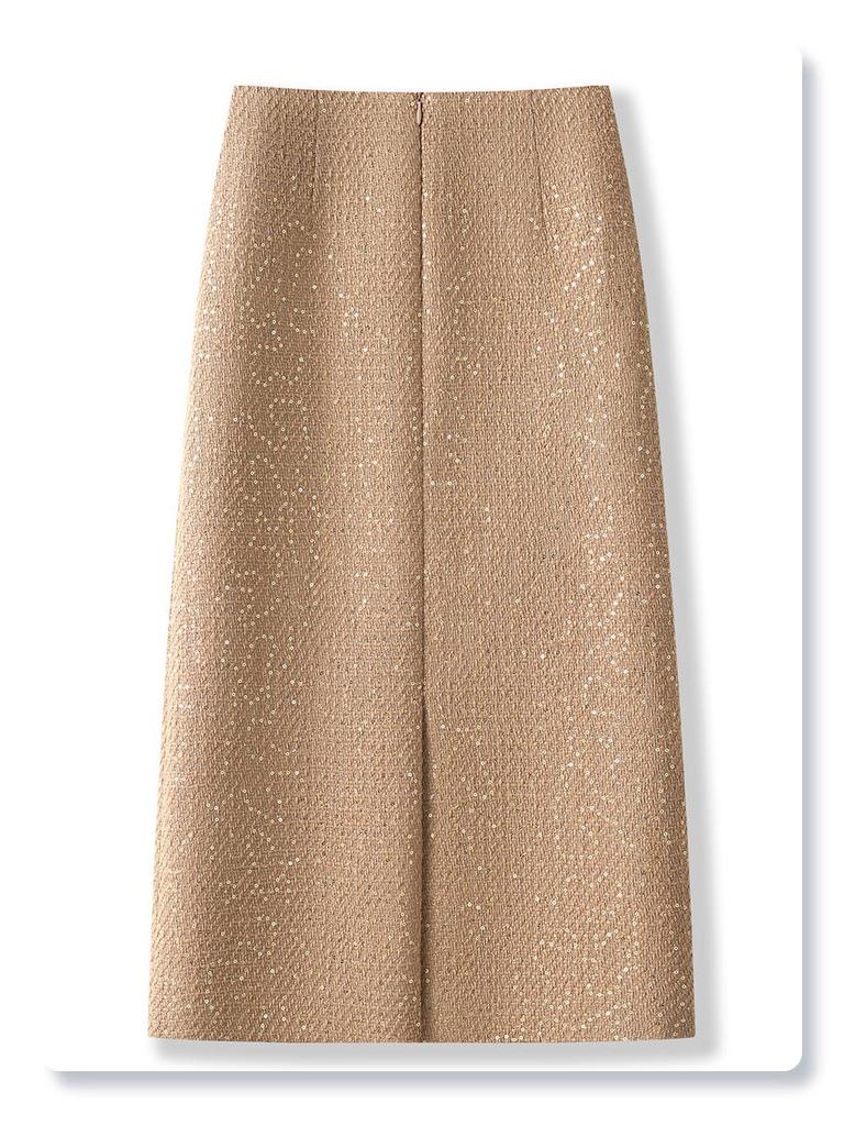 2024 Женская желтая твидовая юбка миди с пайетками – Осенне-зимняя прямая облегающая