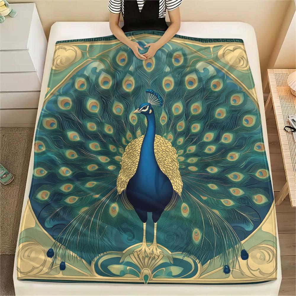 Peacock with Fanned Tail Print Flannel Blanket, High quality Comfortable for All Seasons, Home Decor, Warmth and Comfort