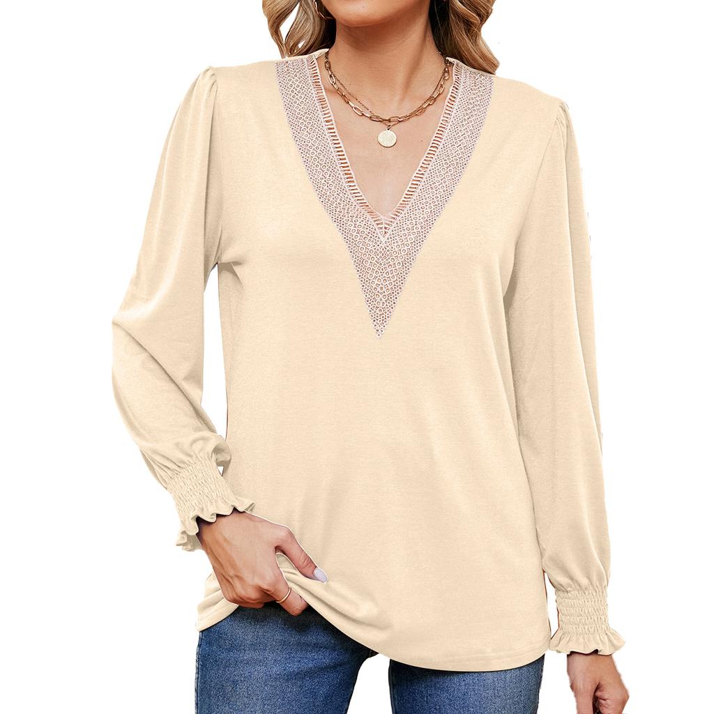 2024 European And American Autumn/Winter New Solid Color V-Neck Lace Splicing Loose Long Sleeve T-Shirt Top