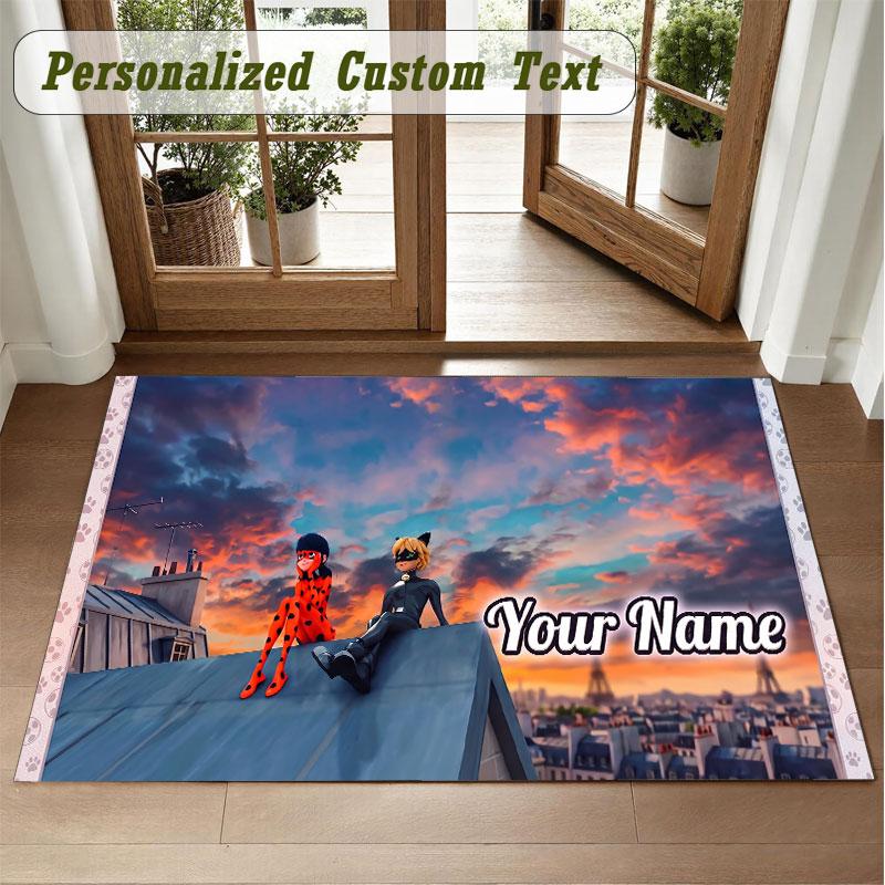 Crystal Velvet Square Rug Custom NameMiraculous Ladybug Pattern Non Slip Home Floor Decor Rug